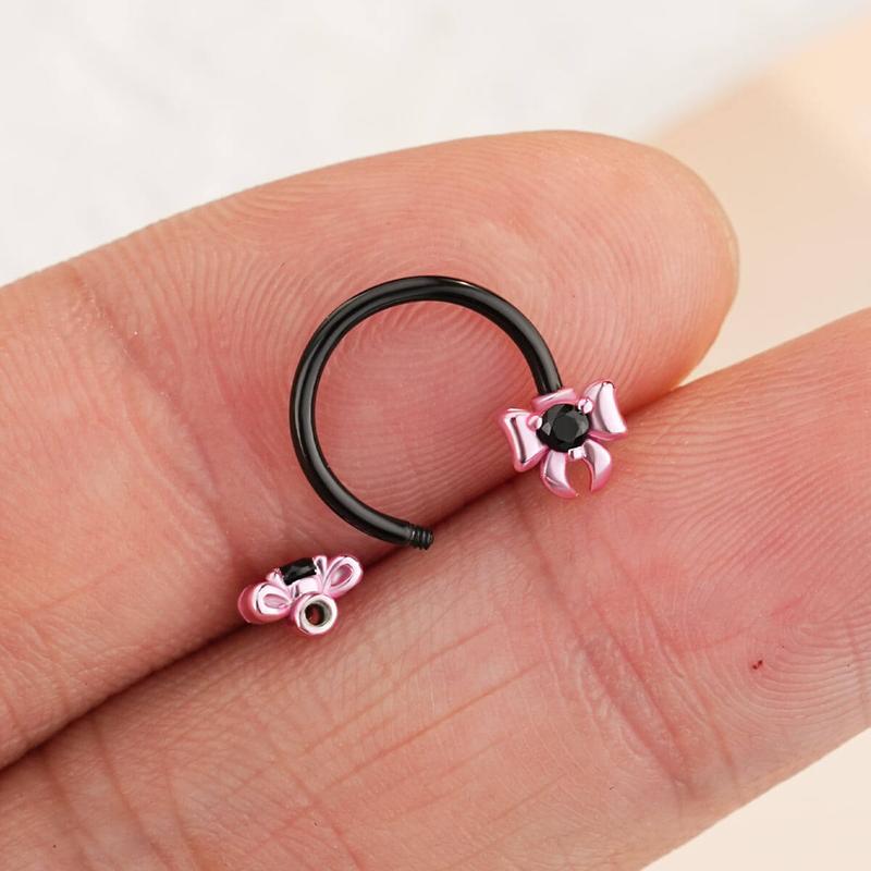 Oufer Lovely Bow Septum Daith Piercing Ring 16G 1.2mm 316L Stainless Steel 10mm Inner Diameter Body Jewelry with Pink and Black Options
