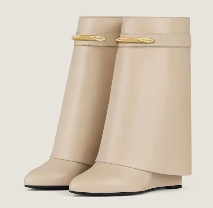 Custom Made Womens Beige Leather Knee High Wedge Boots Fold Over Cuffed Tall Boots with Gold Buckle Square Toe Wedge Heel Boots Elegant Minimalist Fashion Boots for Fall Winter Business Casual Everyday Comfortable Boots
