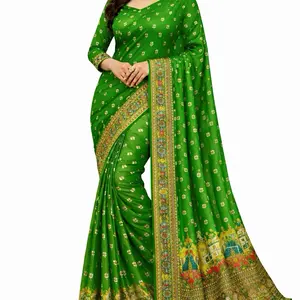 Pure Rajasthani Saree Set - Green  and  Red Color with Intricate Gold and White Embroidery Design