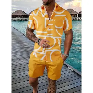 Two piece men's loose button front short sleeved shirt and drawstring shorts, back to school outfit, men's short sleeved suit, vacation beach outfit, summer outfit, casual loose fitting suit, men's outfit