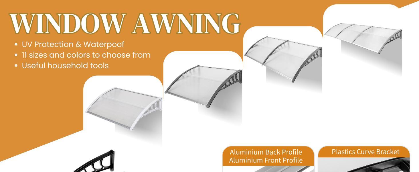 Ubesgoo Window Awning Door Canopy, Polycarbonate Cover Front Door Outdoor Patio Awning Canopy UV Rain Snow Sunlight Protection Hollow Sheet, Brown Board & White Bracket