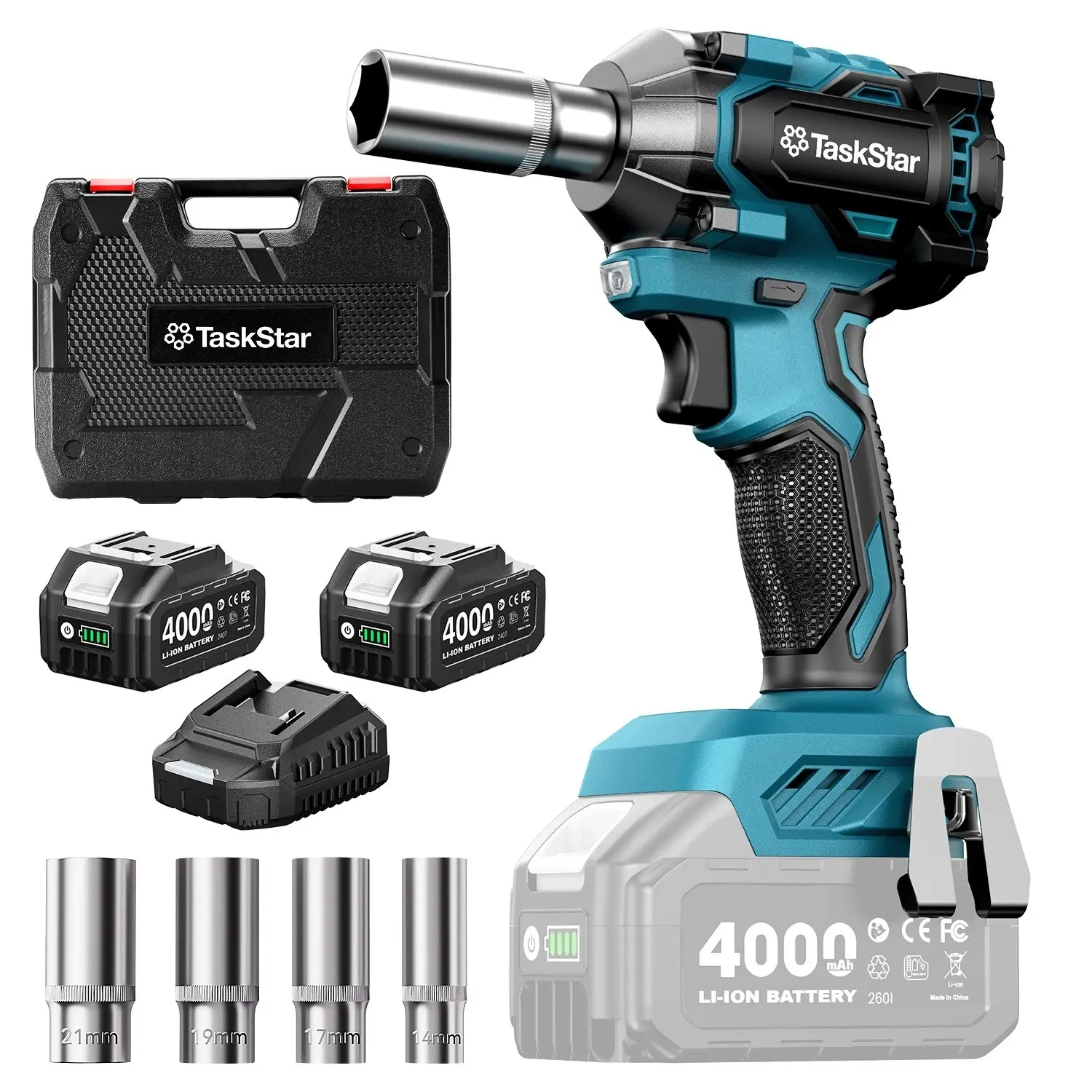 TaskStar 450N.m Cordless Impact Wrench 3/8 Inch(330Ft-lbs)  with Two 4000mah Battery, four Sockets, Power Tool for Professional Mechanics & DIY Enthusiasts