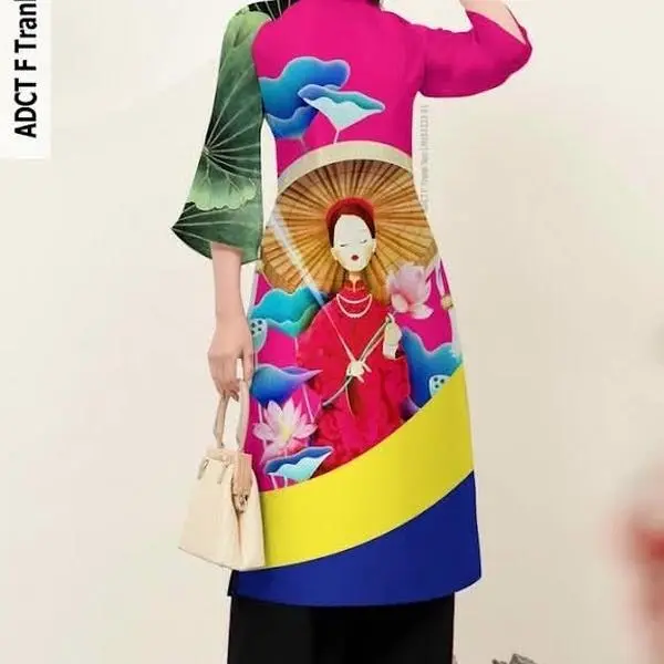 Set Traditional Vietnamese A lady with traditional Hat Ao Dai Cach Tan - Bộ áo dài in 3D cách tân - Ready to ship - Square neck