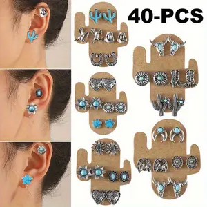 40Pcs Western Cowgirl Turquoise Earring Set for Women Boho Retro Dainty Cowboy Boot Stud Earrings Statement Western Country Jewelry