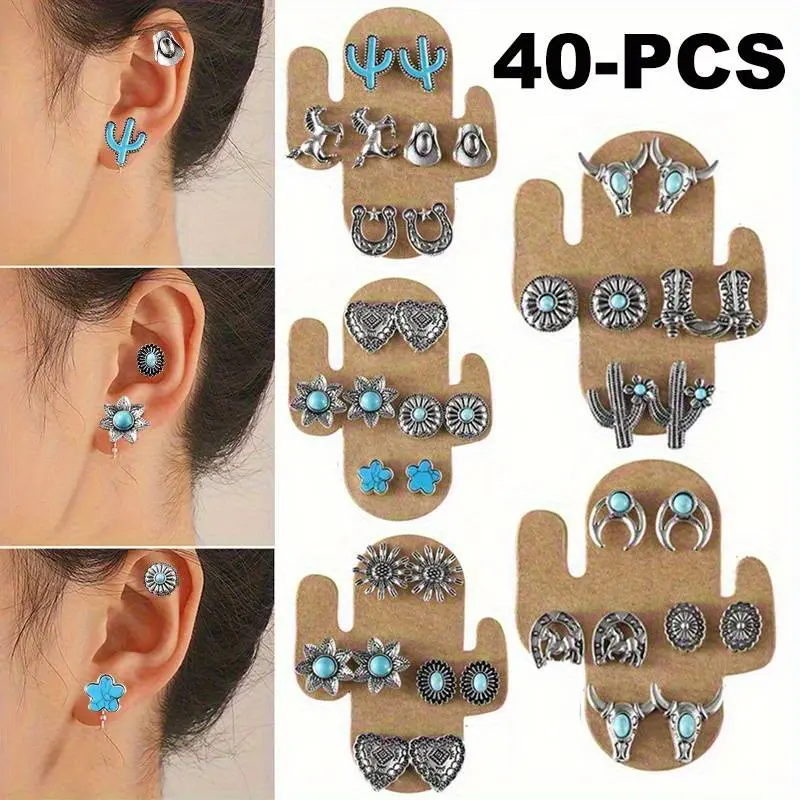Women's 40Pcs Western Cowgirl Turquoise Earring Set - Female, Casual, Daily, Elegant Boho Retro Dainty Cowboy Boot Stud Earrings with Metal Coating, Western Country Statement Costume Jewelry