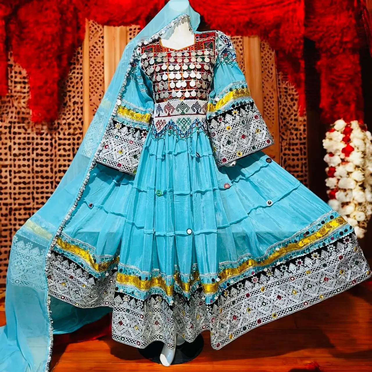 Women's Handmade Afghan Traditional Clothes - Blue Embroidered Flared-Sleeves Long Dress with Mirror Work Dupatta, 40-41 in Length, Medium Size
