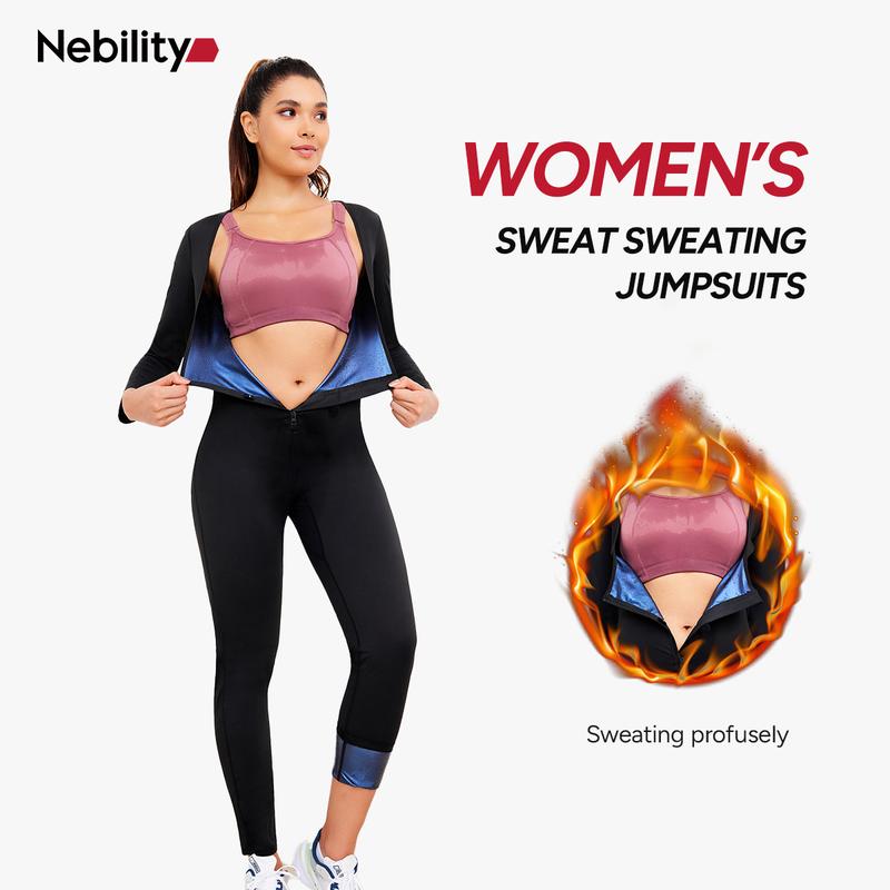 Nebility Women's Full Body Sauna Suit Long-Sleeved Jumpsuit with Waist Trainers for Sweating Profusely - Stylish Activewear & Sports Outfits Workout Gym Clothing Workout Apparel