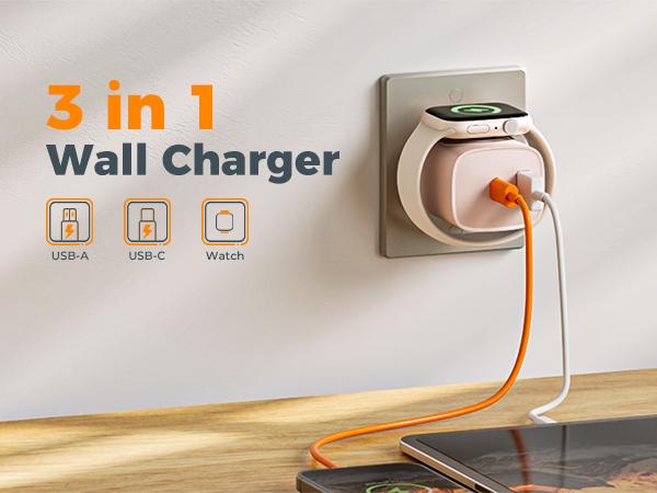 【Colorful Fast Charger】 Tessan 3-in-1 PD20W USB C Charger Block with Built-in Wireless Watch Charging, Dual Ports Wall Charger Compatible with iWatch Ultra/9/8/7/6, iPhone 17/17 Pro/16/16 Pro/15 Series, Electronic Cellphone, Apple Watch Seires