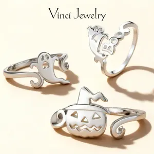 Sterling Silver Adjustable Opening Ring, Hollow Out Pumpkin, Ghost, Ghost Boo Design, Punk and Simple Jewelry Gift Giving Boys&Girls, Daughter, Friends, with Gift Box, Perfect for Valentine's Day Christmas Halloween and Daily Wear Punk Style Ring