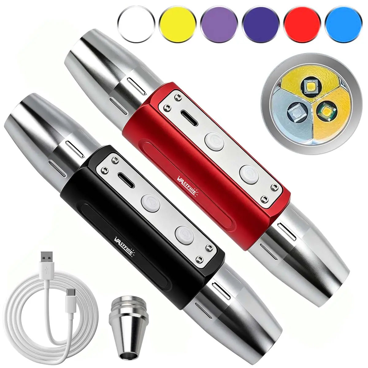 Professional 6-Source Mini Dual-Head LED Torch - UV Lamp, Steel-Body, Multi-Cell, Adjustable Modes, USB Rechargeable, Waterproof, for Jewelry Appraisal, Gemstone Inspection, Led Light, Cells, Adjustable Light Modes, Usb Cable, 18Mm Head Diameter