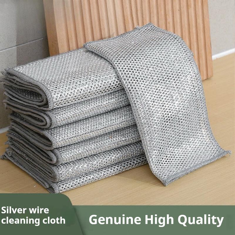 10 Counts Dishwashing Rags 30×30Multipurpose Non-Scratch Wire Dishcloths for Wet and Dry Use, Reusable Wire Cleaning Cloths for Kitchen, Sinks, and Pans Silver Removable, Washable & More Free 5-piece silicone kitchen utensil set (spatula, oil brush, etc.)