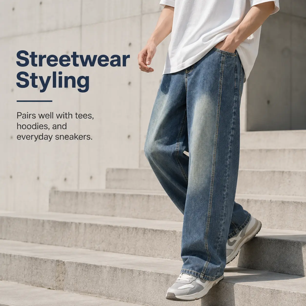 Men's Oversized Wide-Leg Baggy Banana Jeans - Washed Blue Viscose Denim Pants, Elastic Back Waist, Vibe Streetwear Skater Bottoms (Women's Option Available)