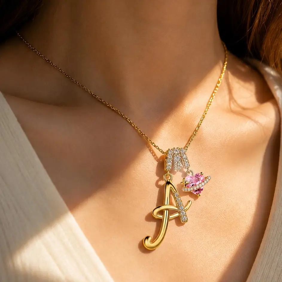 HIPUNK Women's Gold-Plated 3-Layered Initial Choker Necklace, Dainty Adjustable Design with A-Z Initial Pendant & Pink Heart CZ Charm, Personalized Costume Jewelry Gift for Wife