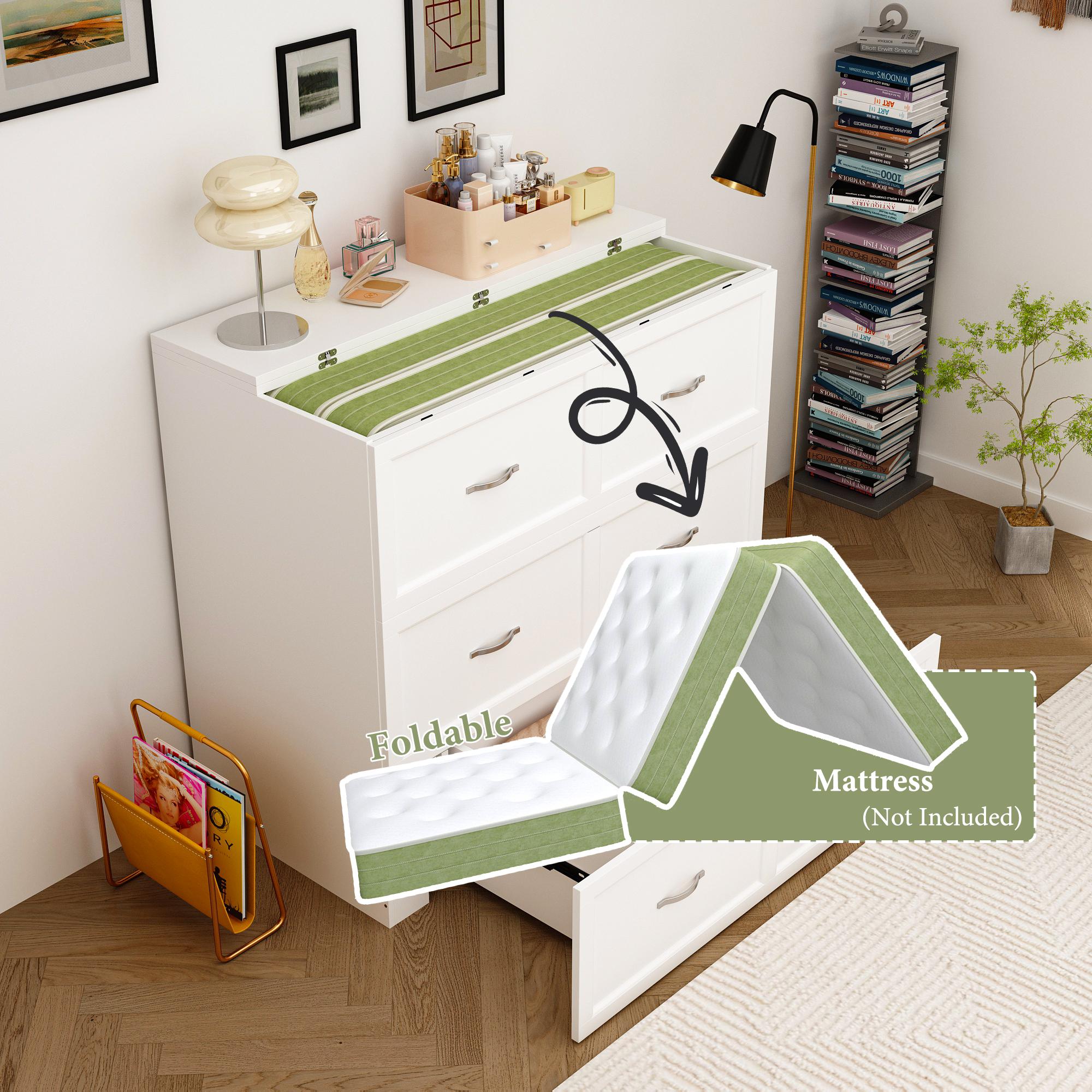 FUFU&GAGA Twin Murphy Bed w/ Built-In Charging Station, 2-in-1 Cabinet Bed & Chest, Large Storage Drawer, Space-Saving Foldable for Bedroom/Office