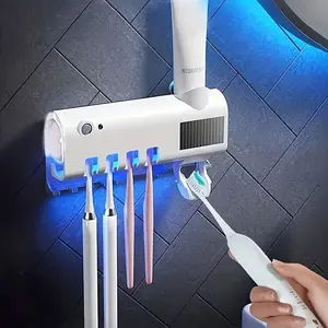 UV Toothbrush Sanitizer Wall Mount, 4-Slot Toothbrush Holder with Automatic Toothpaste Dispenser, No-Drill Installation, IPX5 Waterproof Bathroom Organizer for Electric & Manual Toothbrushes, Family Size
