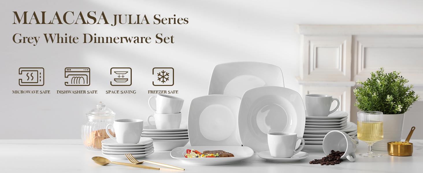 MALACASA Dinnerware Sets, Grey White Plates and Bowls Sets for 6, 18/30 Pieces Mordern Square Dinnerware Sets, Series Julia Winter Holiday