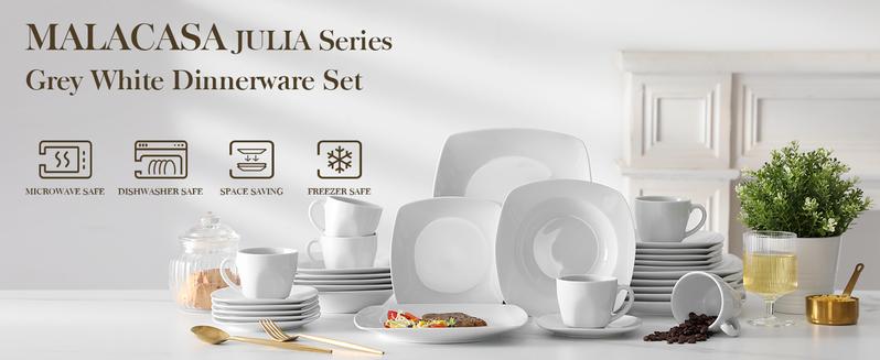 MALACASA Dinnerware Sets, Grey White Plates and Bowls Sets for 6, 18/30 Pieces Mordern Square Dinnerware Sets, Series Julia Winter Holiday