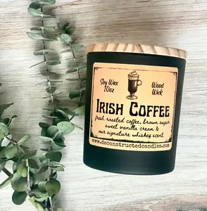 10oz SOY Candle - Irish Coffee Scent - Wood Wick - Frosted matte black container with Wood Lid
