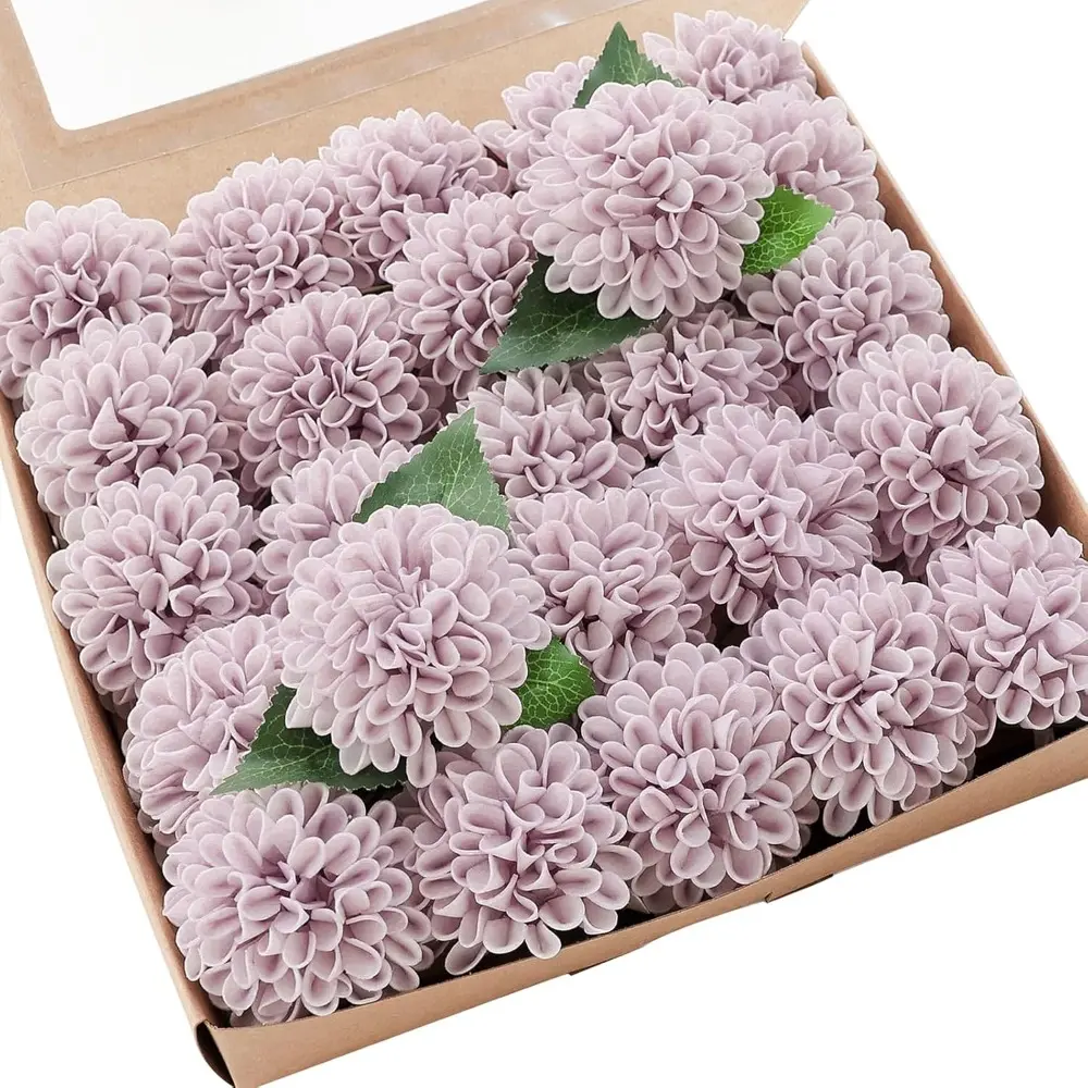 25pcs Pale Lavender PE Foam Dahlia Faux Flowers - 8" Wire Stems, Leaves, Adjustable Flexible Stem Work - Realistic Large Blooms for DIY Projects, Wedding Bouquets - Home Decor, Universal Arrangement Compatibility, 25Pcs Pale Lavender Dahlia, Faux Lavender