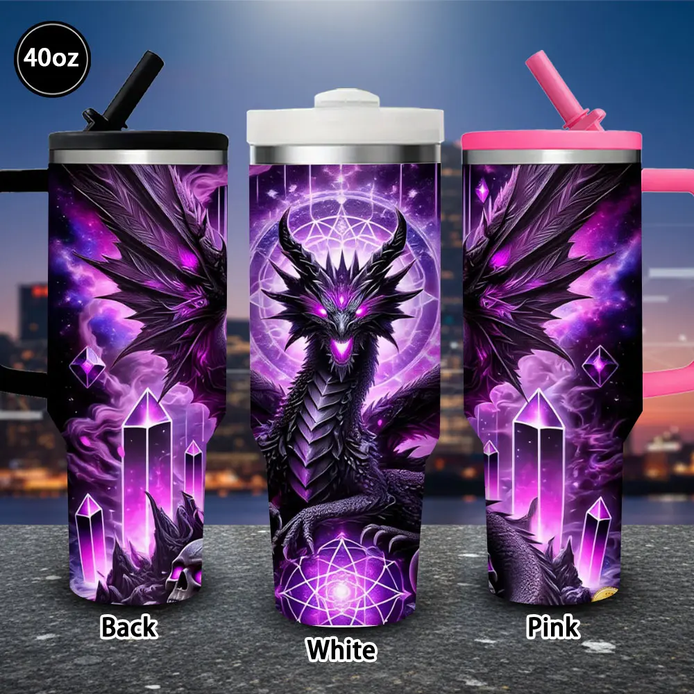 40 oz Mystic Dragon Crystal Insulated Tumbler (1 pc) with Lid and Straw, Winter Vacuum Insulated Travel Mug, Gift for Women, Ideal for Valentine’s Day, Iced/Hot Coffee Cup