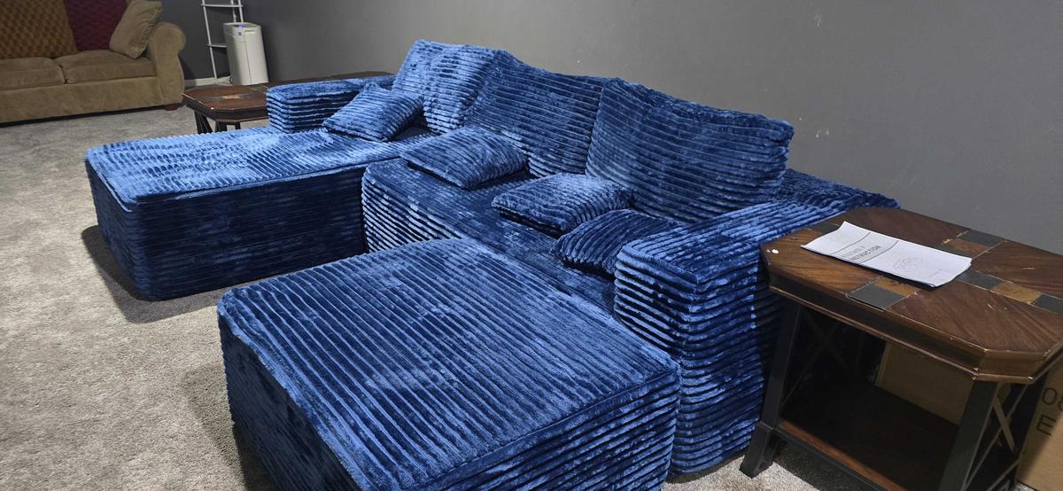 Item: Navy Plush Corduroy Left Chaise, U-Shape with Ottoman