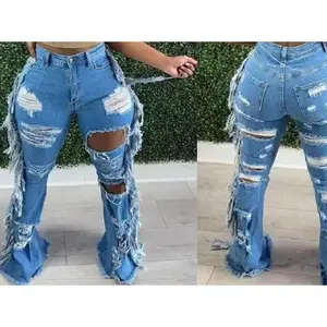 Street jeans! 2025 striped fringe light blue plus denim with pockets, casual high waist, split hem, women's bottom, basic street style, long pants