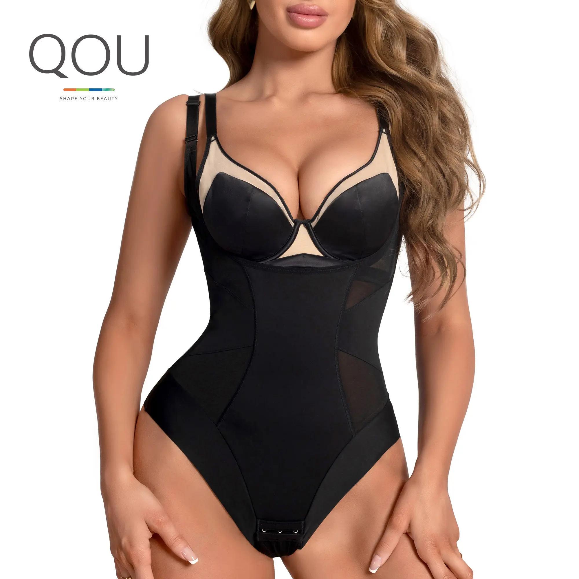 QOU Breathable Mesh Fabric Compression Thong Bodysuits Chic Adjustable Straps Smooth Bottom for Everyday Comfortable Basic Womenswear Black Elastic Minimalist Romper Nylon Spandex Overall Romper, Shapewear, Compression Support Shapewear Bodysuit, Chic Sex