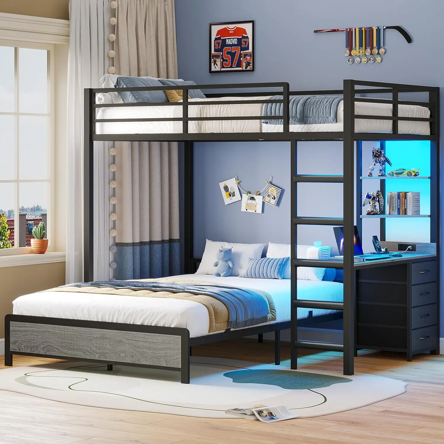 ADORNEVE Twin Over Full Bunk Bed with Desk and Charging Station LED Bunk Beds with Storage Drawers and Shelves Loft Bed with Safety Guardrail Ladder Rgb Led Lights Vertical Sleep Solution