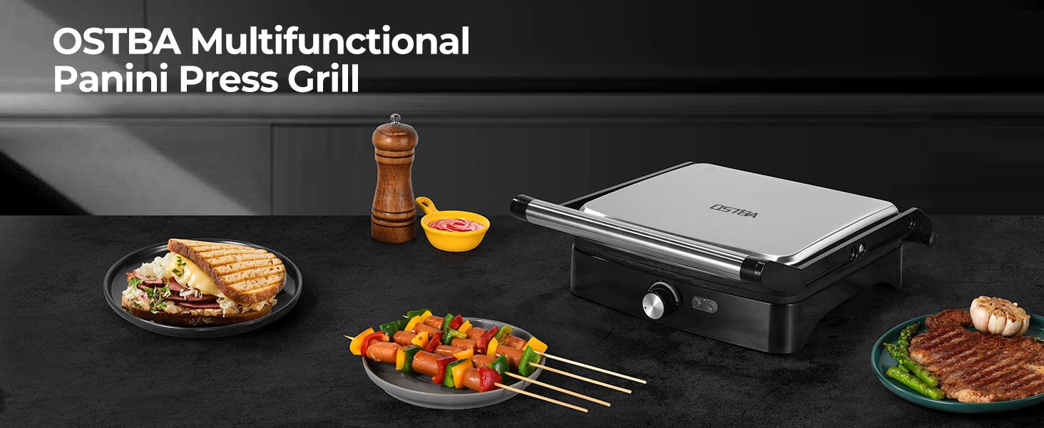 OSTBA Panini Press Grill Indoor Sandwich Maker with Temperature Setting, 4 Slice Large Non-stick Versatile Grill, 180 Degrees to Fit Any Type or Size of Food, Removable Drip Tray, 1200 W Household Appliances grill for outdoor Universal Griddle