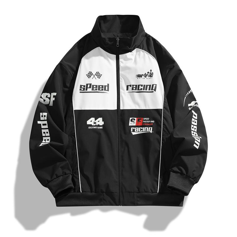 Men's casual stand up collar racing style street style INSY2K jacket, made of durable fabric, decorated with letters and patterns, suitable for cycling, daily wear, sports wear, suitable for spring and summer seasons Motorcycle Streetwear Longsleeves