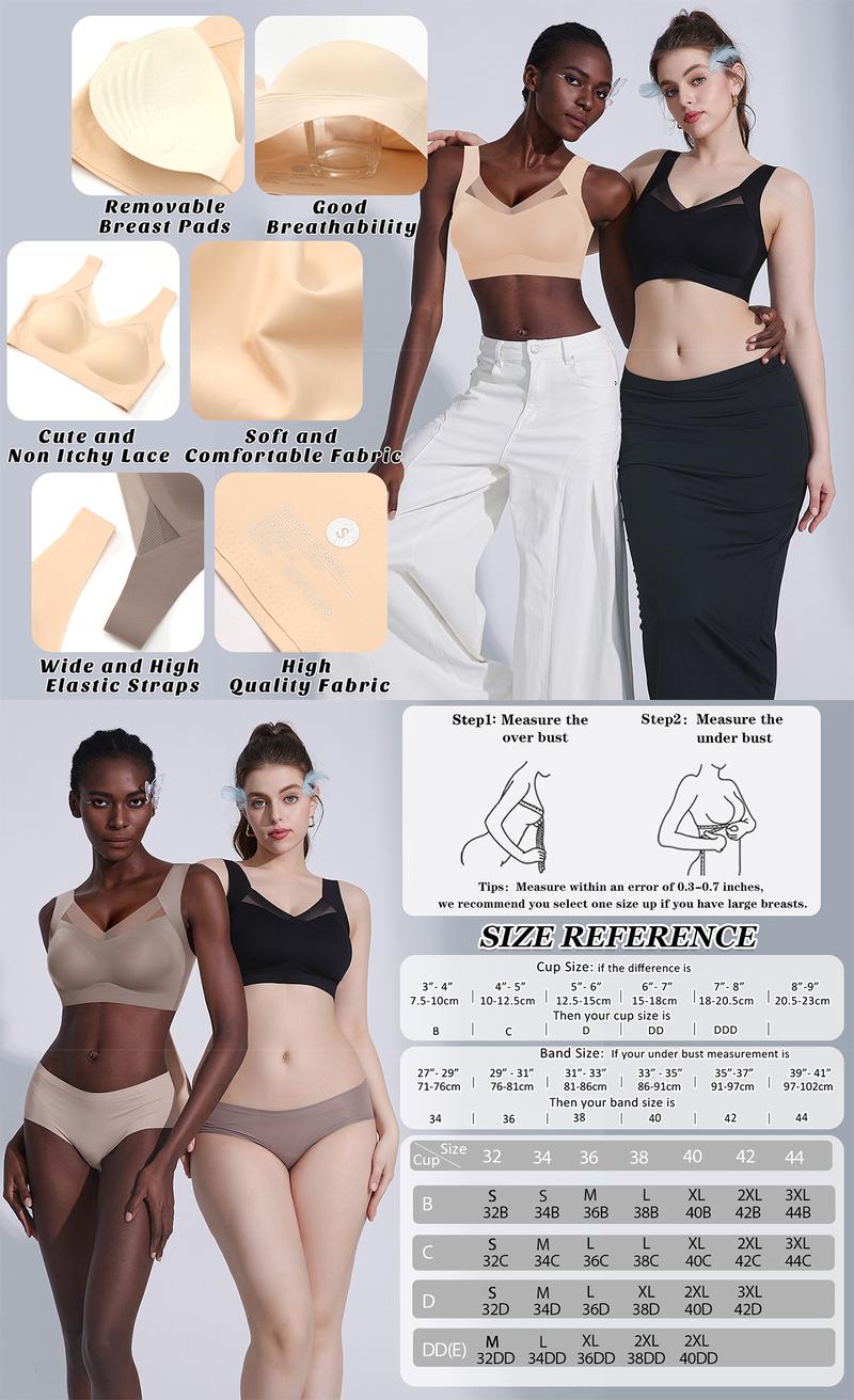 Werena Womens Bra V-Neck Mesh Comfortable Bralette Back Smoothing No Underwire Seamless Push Up Everyday Bras with Wide Straps & Unremovable Pads