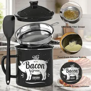 PGYARD Bacon Grease Container Set, 46OZ Large Enamel Grease Saver with Strainer, With Silicone Spatula, Cooking Oil Container for Kitchen Fat Storage, Vintage Farmhouse Kitchen Decor Gift, Dishwasher Safe