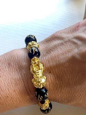 100% Authentic Obsidian feng shui bracelet 24k gold plated wealth bracelet 12mm