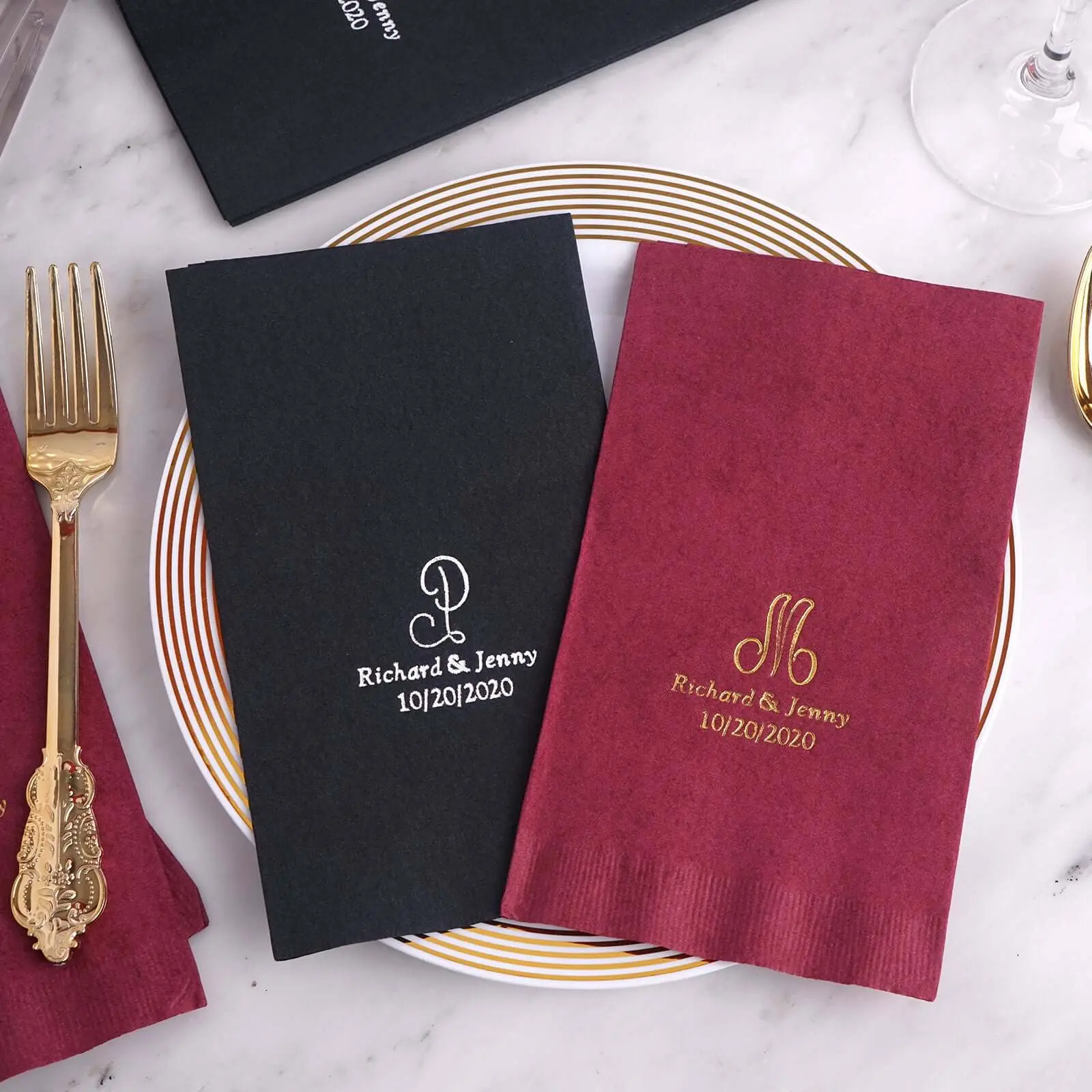 Personalized Monogram Black Paper Napkins (100-Pack) - Custom Tableware, 4" x 8.25" Folded/15" x 17" Unfolded Size, Print/Hot Foil Printing for Wedding Favors, Birthday Occasions, Baby Shower