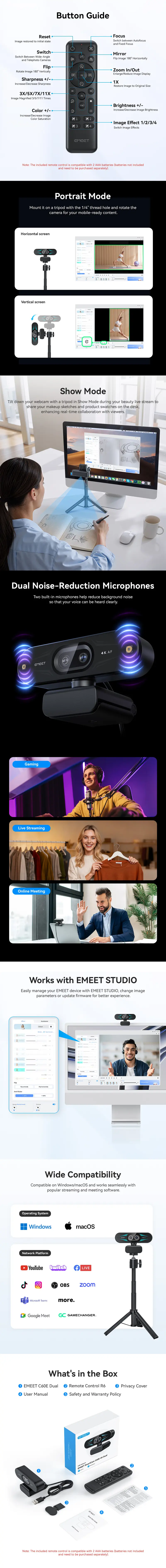 EMEET C60E Compact CMOS 4K Dual Cam Webcam with Remote, RGB LED Lights, 11x Zoom, Auto Focus, USB Microphone & Physical Privacy Cover (4K@30fps/1080P@60fps) - Webcam for PC, Streaming Computer Accessory for Makeup, Zoom, Gaming