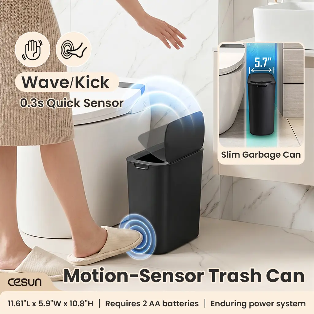 2.6 Gallon Touchless Trash Bin, Cesun Automatic Motion Sensor Bathroom Trash Can with Lid, Smart Plastic Slim Garbage Can Small White Wastebasket for Toilet, Office, rv, Bedroom, Living Room,Summervibes,SummerWins,DealsForYouDays, Shape, Hand
