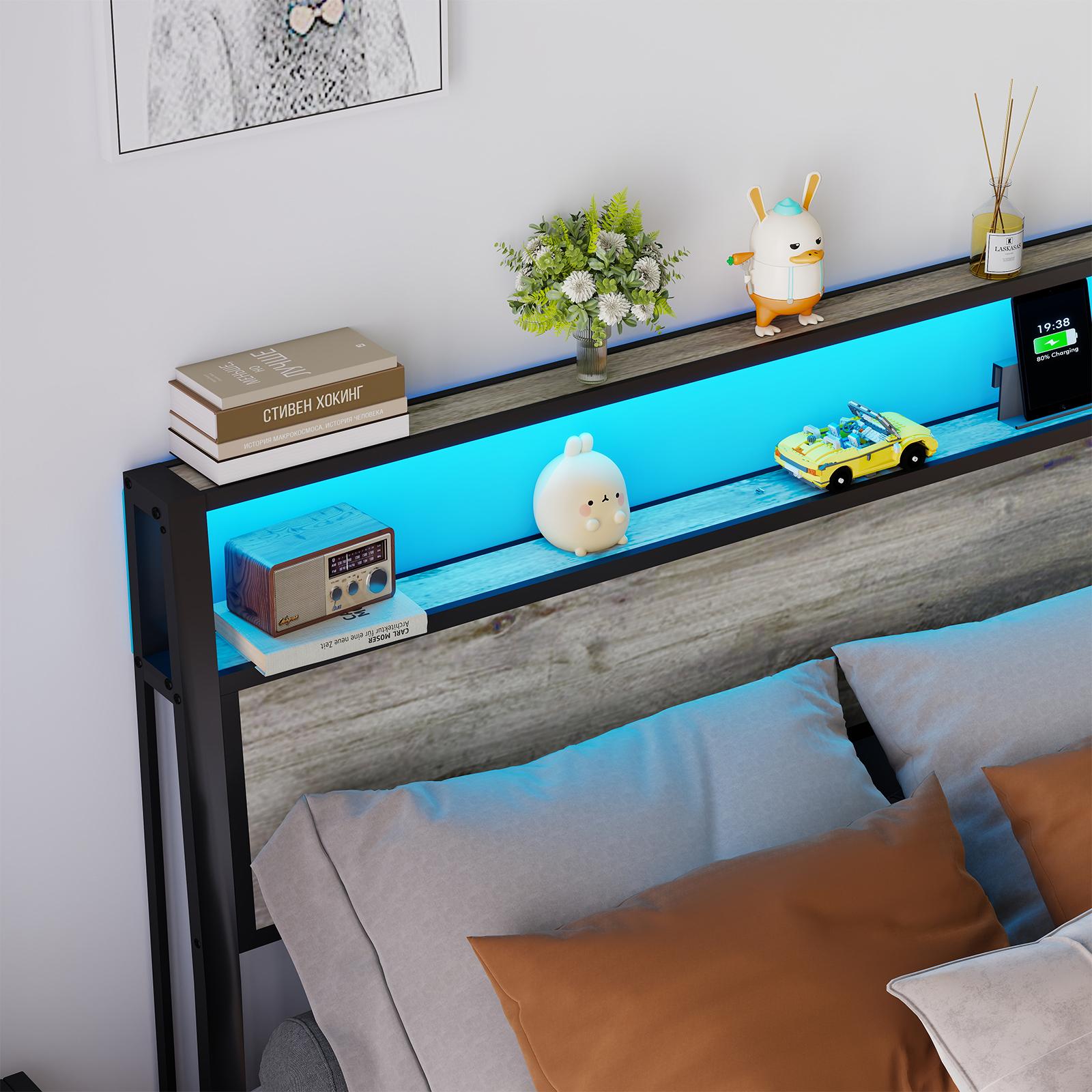 Queen Size Bed Frame with RGB LED Headboard, USB/Type-C Charging Station & Storage Shelves, Rustic Grey Metal Platform Bed, Noise-Free Easy Assembly, No Box Spring Needed (Mattress not included) Queen Size Bed Frame with RGB LED Headboard, USB/Type-C Charging Station & Storage Shelves, Rustic Grey Metal Platform Bed, Noise-Free Easy Assembly, No Box Spring Needed (Mattress not included)