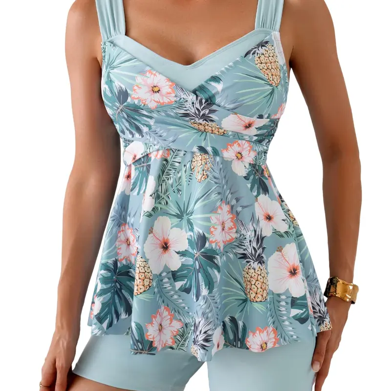 B2PRITY Women's Tankini Swimsuit Tummy Control Floral, Two Piece Full Coverage Skirt Top with Boyshorts, Slimming Push Up Bathing Suit for Summer Beach Vacation & Swimming