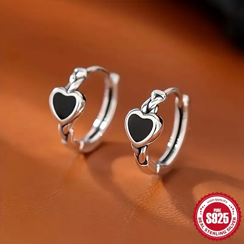 Women's S925 Sterling Silver Bohemia Black Heart Hoop Earrings - Elegant Female Daily/Party Jewelry, Valentine's Day Gift, 1.9g/0.067oz, Earring For Women, Beating Heart Earrings