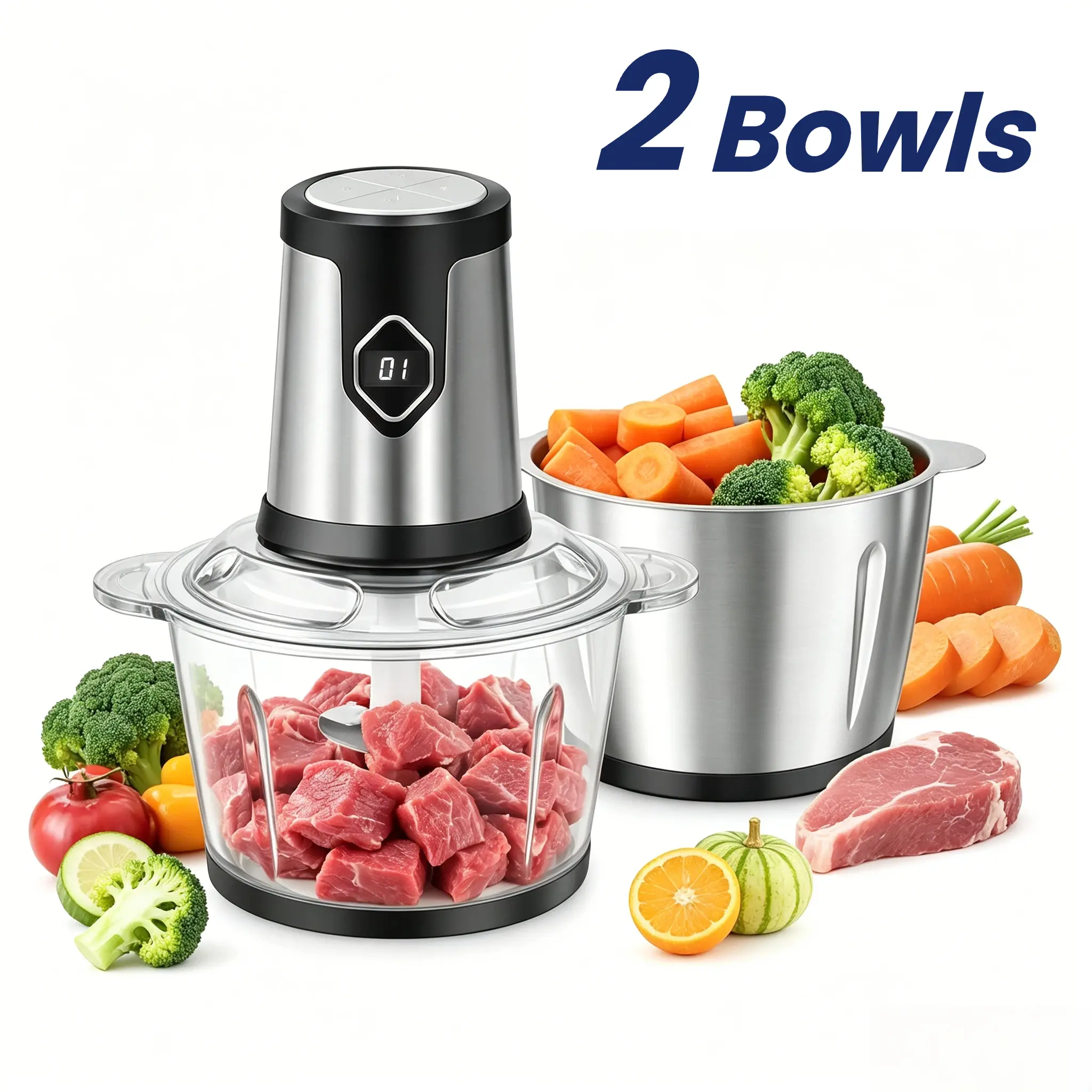 2-Bowl Electric Food Processor with 110V Input, Glass+Steel Bowls, Mince&Chop Multifunctional Kitchen Tool for Meat, Vegetables, Dough, Digital Count-Up Timer, Dishwasher-Safe 2L/3L Family Size