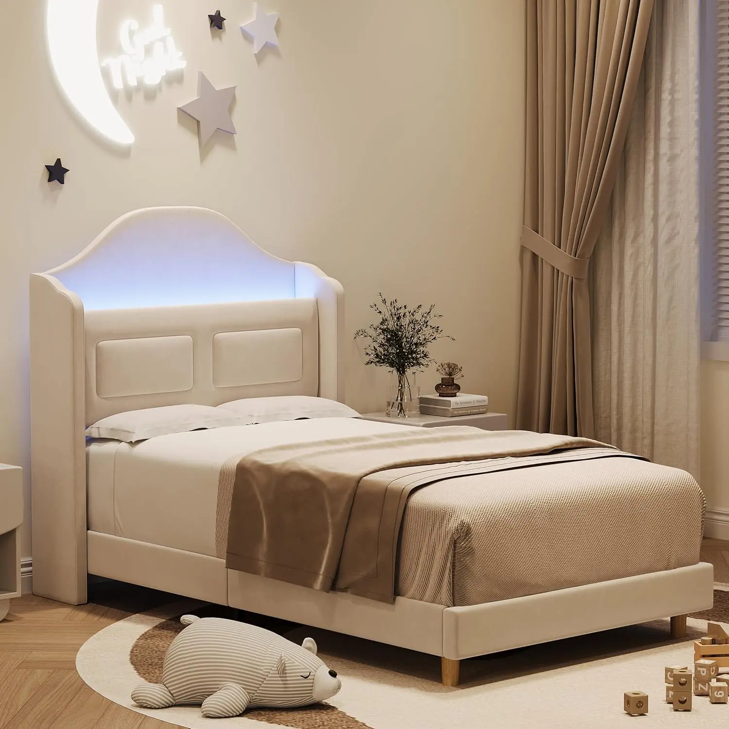 Gaomon Twin Storage Bed with Soft Velvety Fabric, Beige LED Metal Frame, Throne Headboard w/ Secret Storage, 10-Min Setup, Silent Wood Slats, No Box Spring Needed, Led Lighting