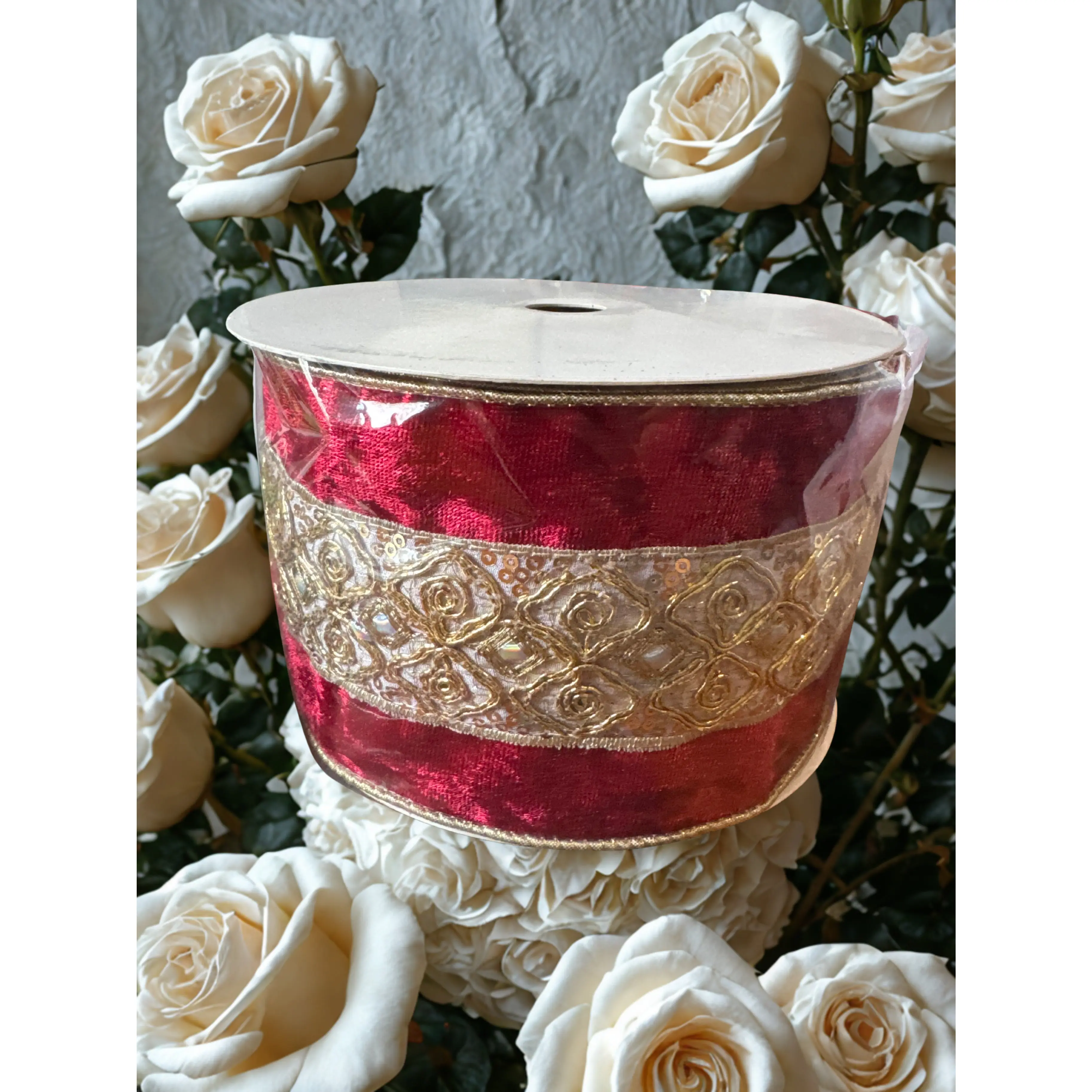 Luxury Plush Velvet Ribbon with Gold Embellishments and Sequins - 4in x 10yd (10yd Length), Ideal for Bridal Shower Centerpieces, Wreath Decor, Shiny Sewing & Haberdashery Accessory, 4X10yd