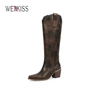 Wetkiss Women Cowboy Boots Knee High Comfort Vintage Floral Embroidery, Retro Pointed Toe, Block Chunky Heel, Pull On Tabs, Ladies Western Cowgirl Boots #TikTokShopSpringGlowUp #greenish