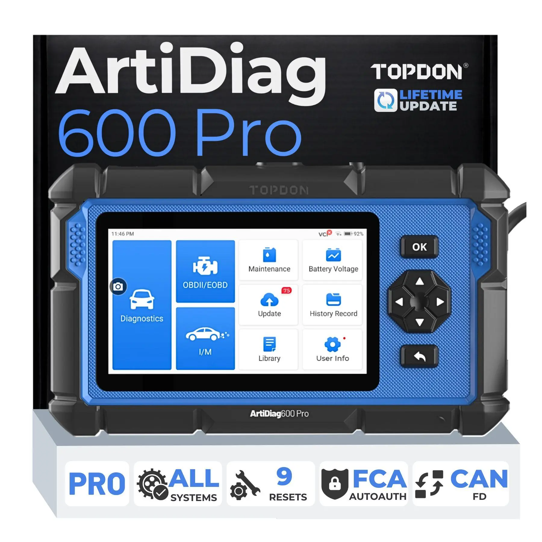 2025 TOPDON ArtiDiag 600Pro FULL SYSTEM Diagnostic Scanning Tool, Equipped with 9 basic maintenance Functions, supports Android and iOS systems, is an upgraded version of AD600S/AD500, and has two years of free updates