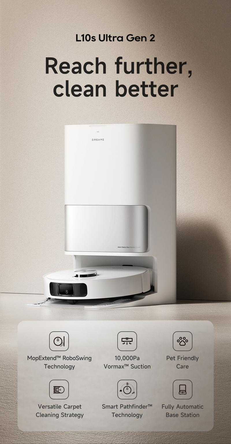 DREAME L10s Ultra Gen2 Robot Vacuum and Mop Combo 10000Pa Suction AI Navigation Auto Mop Cleaning Self Refilling Base for 60 Days Cleaning