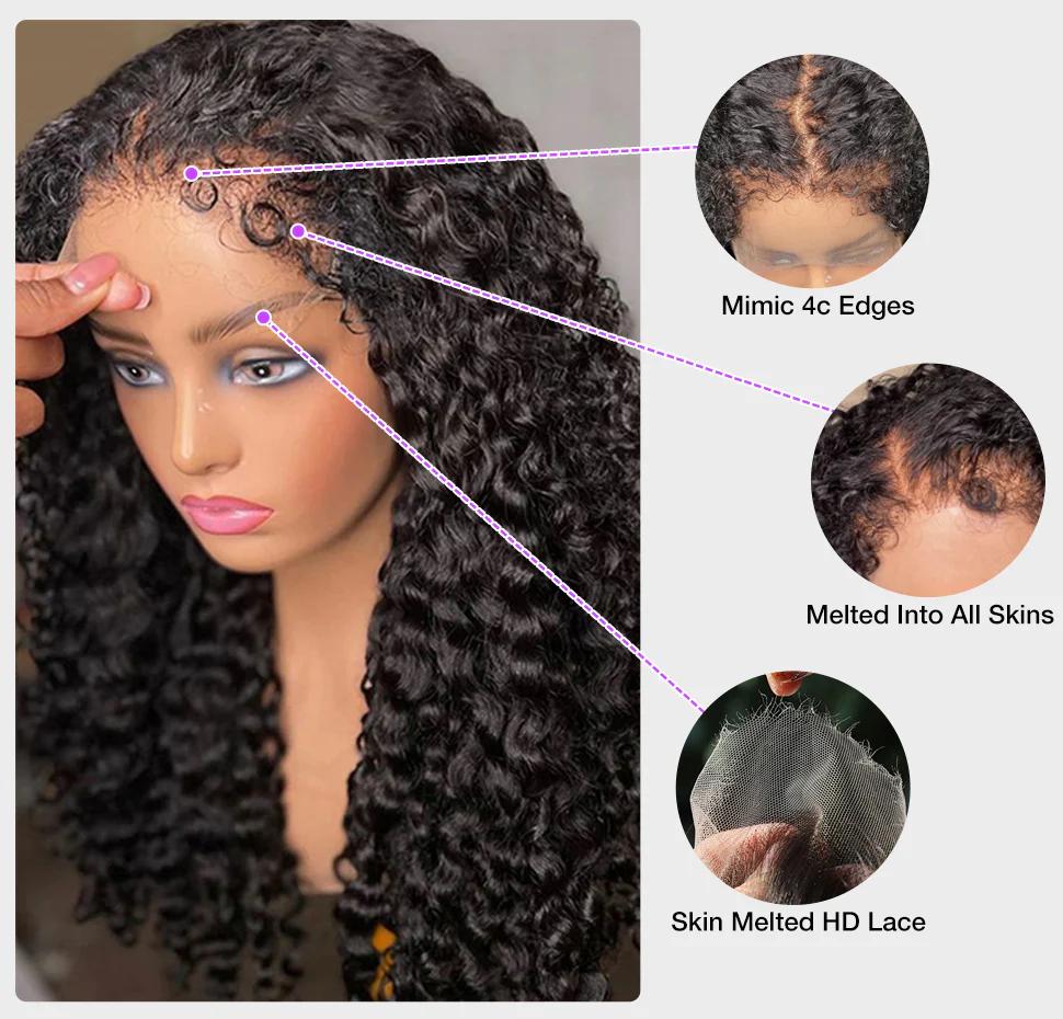 4c Edge Curly Wig Invisi Strap Snug Fit 360 Transparent Lace Frontal Bleached Knots Pre Cut Lace Wig With Drawstring 100% Human Hair Wig