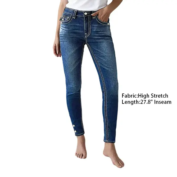 Flamingals Wash Flap Decor Contrast Stitch Studded Hem Mid Rise Skinny Jeans Womenswear