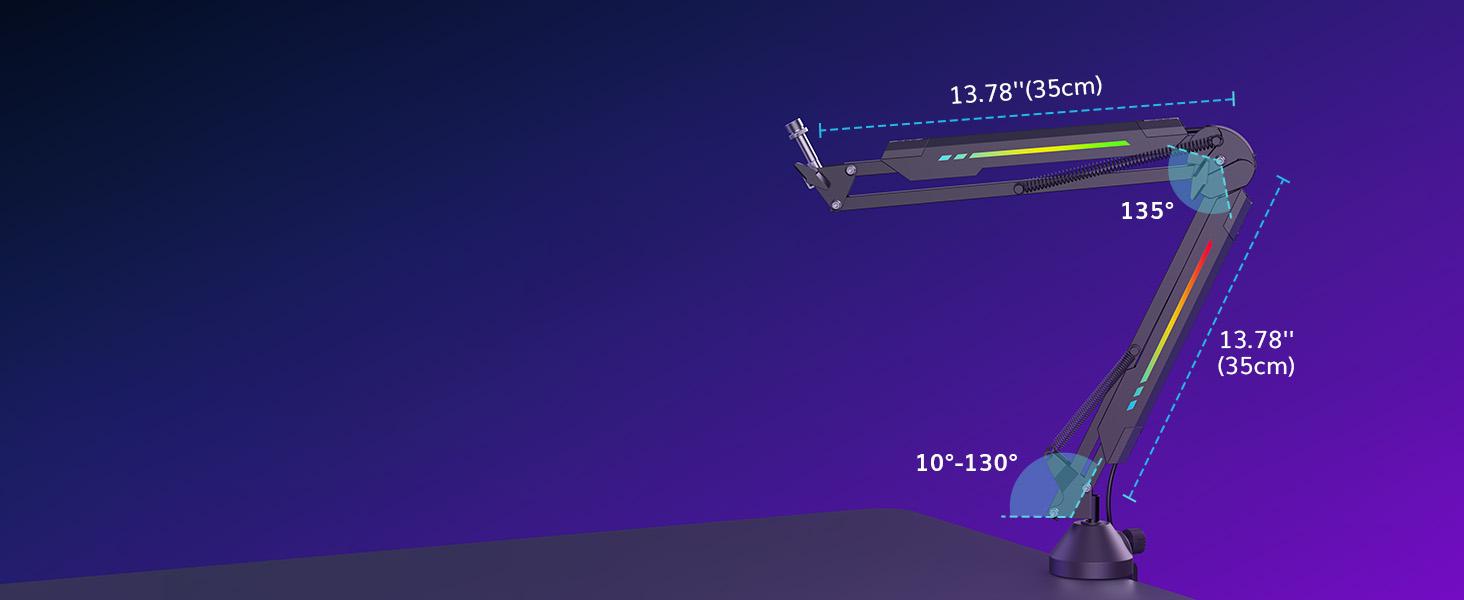TONOR T90/T20S RGB Boom Arm, Adjustable Mic Stand with 11 Light Modes for Gaming, Streaming, Podcasting, and Recording, Durable Steel Usb Cable