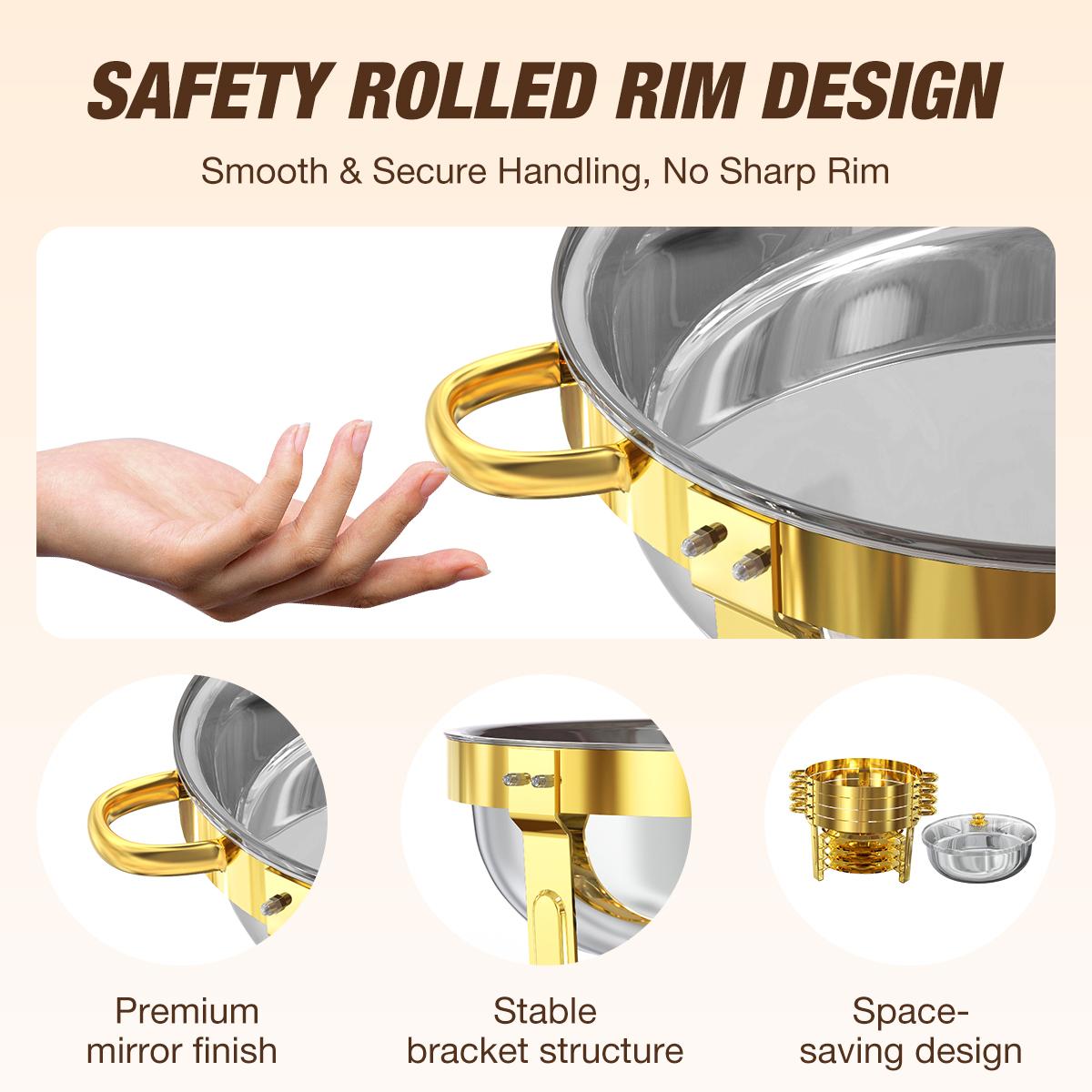 WARMOUNTS 5QT Gold Chafing Dishes for Buffet with Glass Lid, Round Stainless Steel Chafers and Buffet Warmers Sets with Lid Holder, Rolled Edge Design, for Catering Events, Parties, Weddings (2/4Pack)