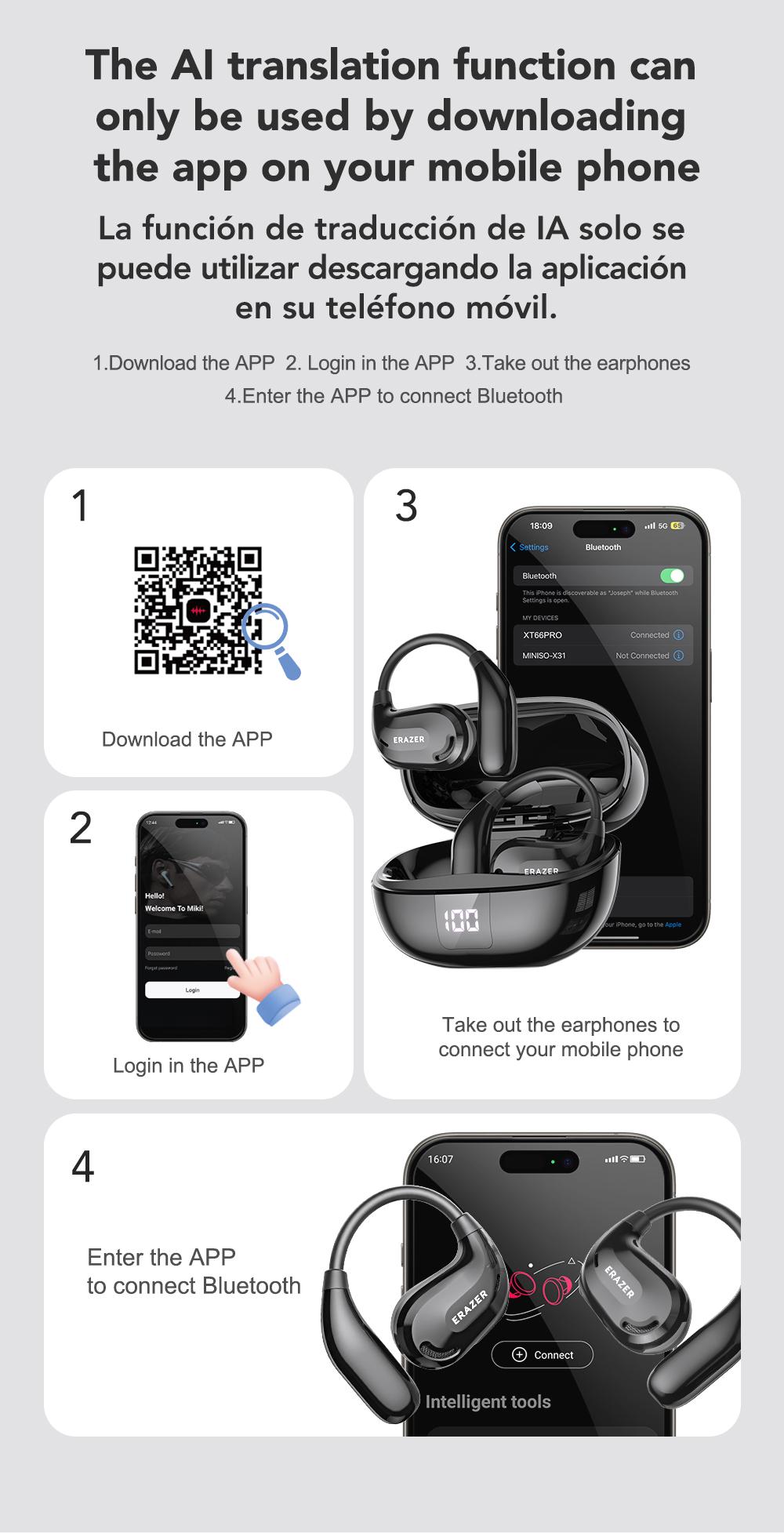 ERAZER XT66Pro OWS Translation Wireless Bluetooth Earphones Support 135 Languages Real Time Bluetooth Translation Earbuds HIFI Sound Quality Light-Weight Headphones Built-in Microphone Support Phone Calls Music AI Chat